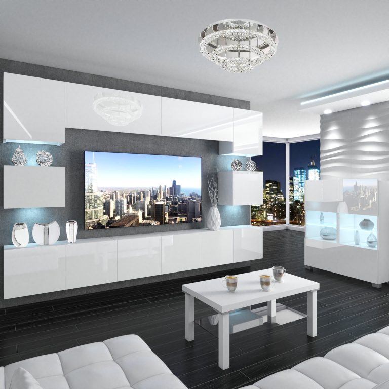Parete attrezzata Belini Premium Versione completa Bianco lucido + Illuminazione LED Nexum 39 Produttore NEX 3/0/W/W/0/0/PP