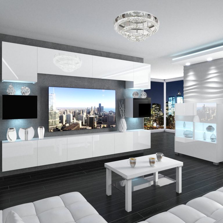 Parete attrezzata Belini Premium Versione completa Bianco lucido-nero + Illuminazione LED Nexum 38 Produttore NEX 3/0/W/WBBW/0/0/PP