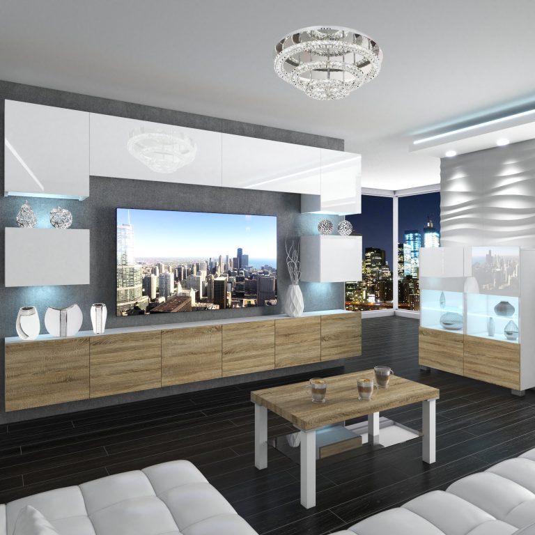 Parete attrezzata Belini Premium Versione completa Bianco lucido-Rovere Sonoma + Illuminazione LED Nexum 42 Produttore NEX 3/0/W/WDS/0/0/PP