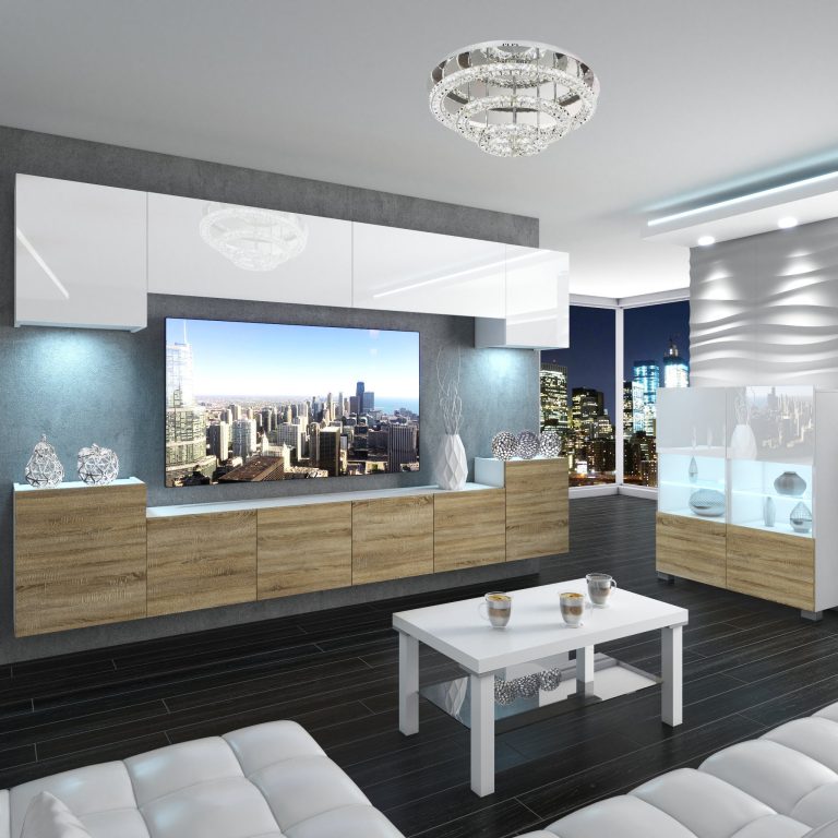 Parete attrezzata Belini Premium Versione completa Bianco lucido-Rovere Sonoma + Illuminazione LED Nexum 59 Produttore NEX 4/0/W/WDS/0/0/PP