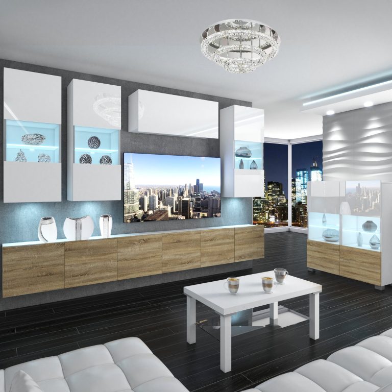 Parete attrezzata Belini Premium Versione completa Bianco lucido / Rovere Sonoma + Illuminazione LED Nexum 77 Produttore NEX 5/0/W/WDS/0/0/PP