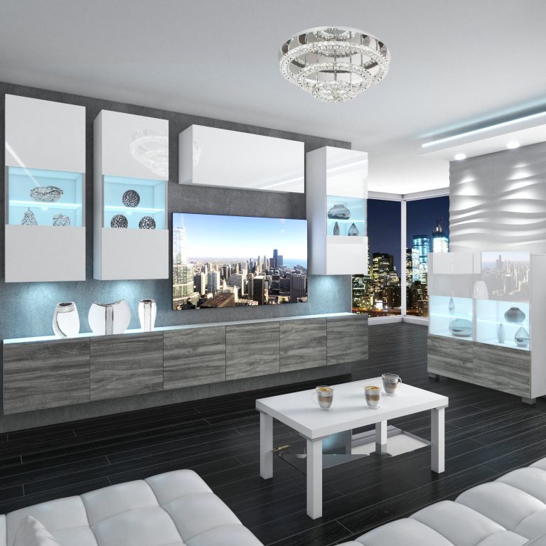 Parete attrezzata Belini Premium Versione completa Bianco lucido-Grigio antracite Glamour Wood + Illuminazione LED Nexum 76 Produttore NEX 5/0/W/WGW1/0/0/PP
