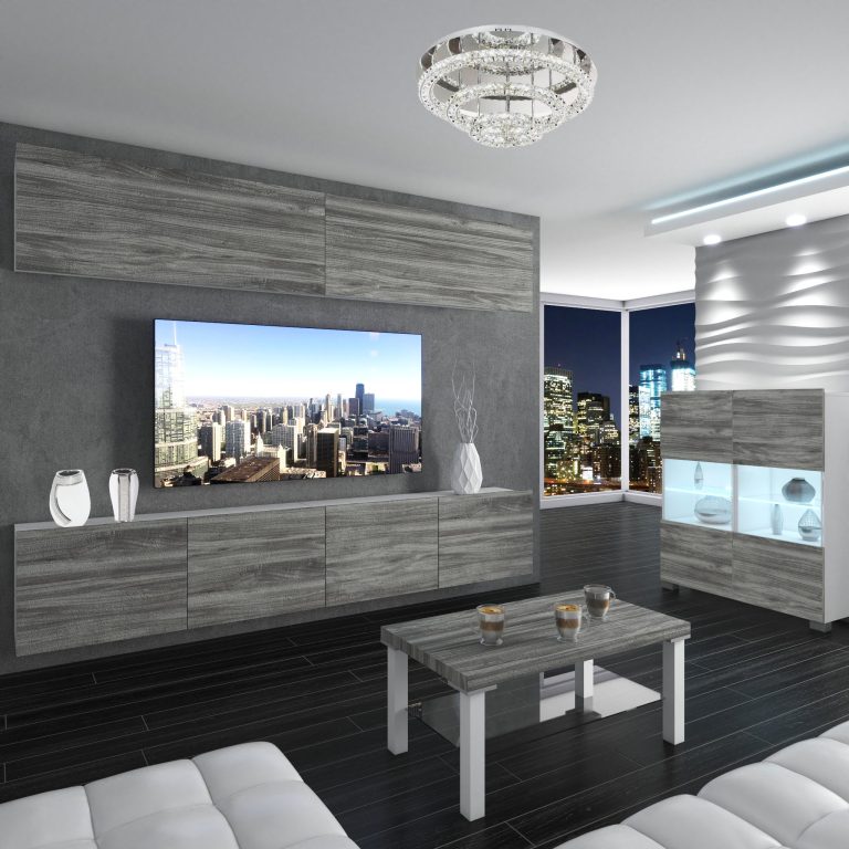 Parete attrezzata Belini Premium Versione completa Grigio antracite Glamour Wood + Illuminazione LED Nexum 96 Produttore NEX 6/0/W/GW1/0/0/PP