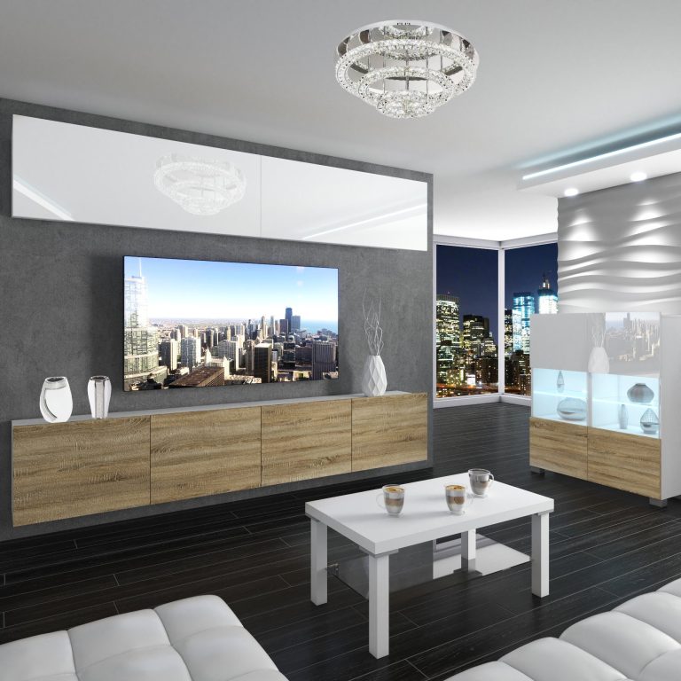 Parete attrezzata Belini Premium Versione completa Bianco lucido / Rovere Sonoma + Illuminazione LED Nexum 88 Produttore NEX 6/0/W/WDS/0/0/PP