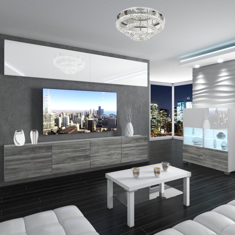 Parete attrezzata Belini Premium Versione completa Bianco lucido / Grigio antracite Glamour Wood + Illuminazione LED Nexum 87 Produttore NEX 6/0/W/WGW1/0/0/PP