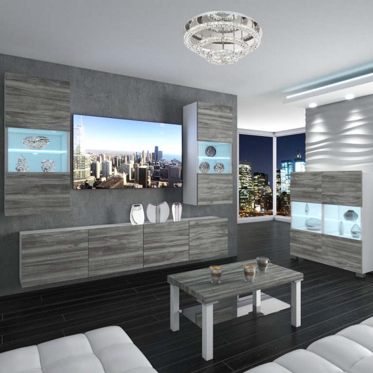 Parete attrezzata Belini Premium Versione completa Grigio antracite Glamour Wood + Illuminazione LED Nexum 111 Produttore NEX 7/0/W/GW1/0/0/PP