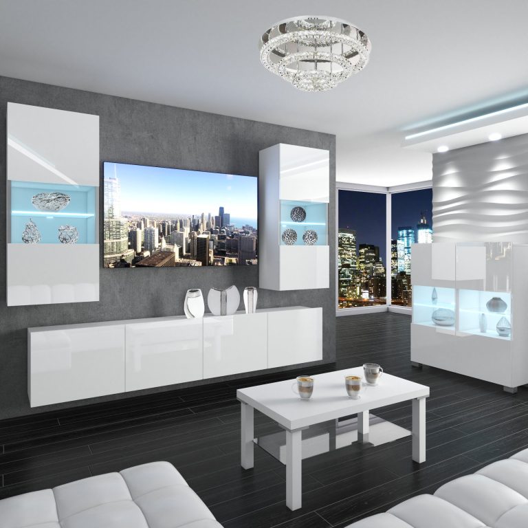 Parete attrezzata Belini Premium Versione completa Bianco lucido + Illuminazione LED Nexum 100 Produttore NEX 7/0/W/W/0/0/PP