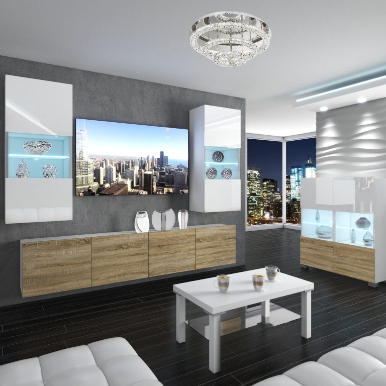 Parete attrezzata Belini Premium Versione completa Bianco lucido / Rovere Sonoma + Illuminazione LED Nexum 102 Produttore NEX 7/0/W/WDS/0/0/PP