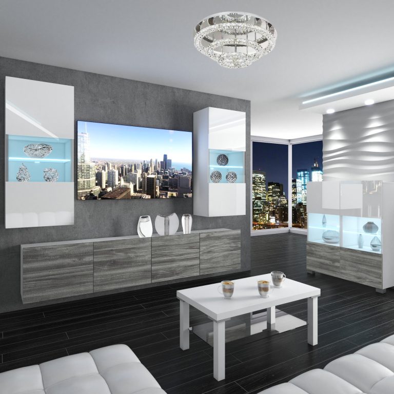 Parete attrezzata Belini Premium Versione completa Bianco lucido / Grigio antracite Glamour Wood + Illuminazione LED Nexum 101 Produttore NEX 7/0/W/WGW1/0/0/PP