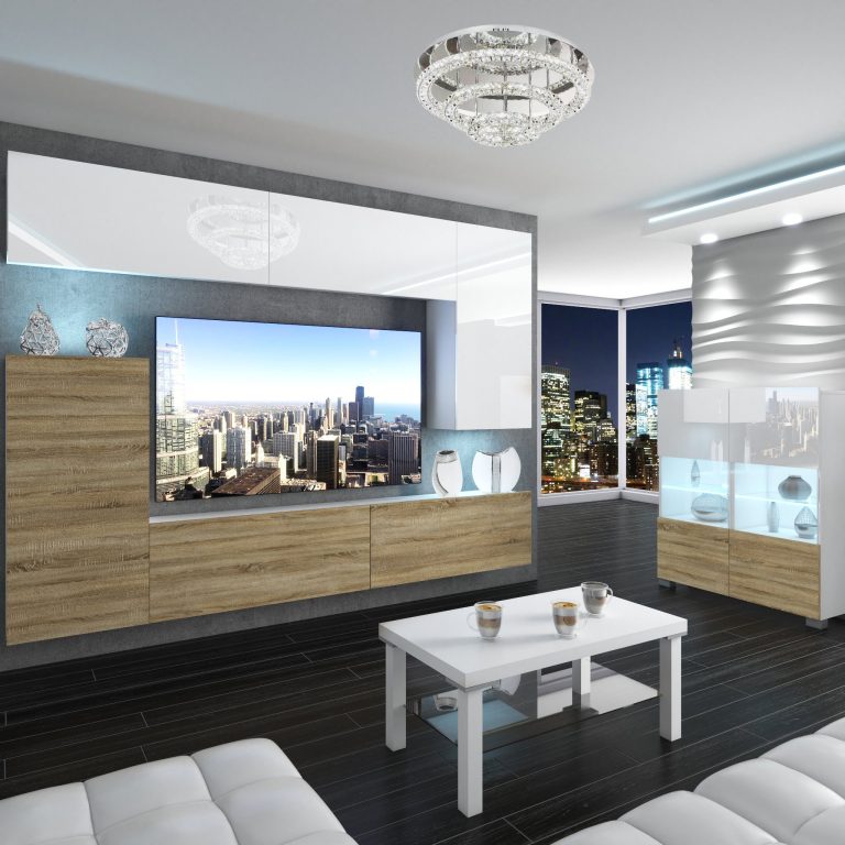 Parete attrezzata Belini Premium Versione completa Bianco lucido-Rovere Sonoma + Illuminazione LED Nexum 120 Produttore NEX 8/0/W/WDS/0/0/PP