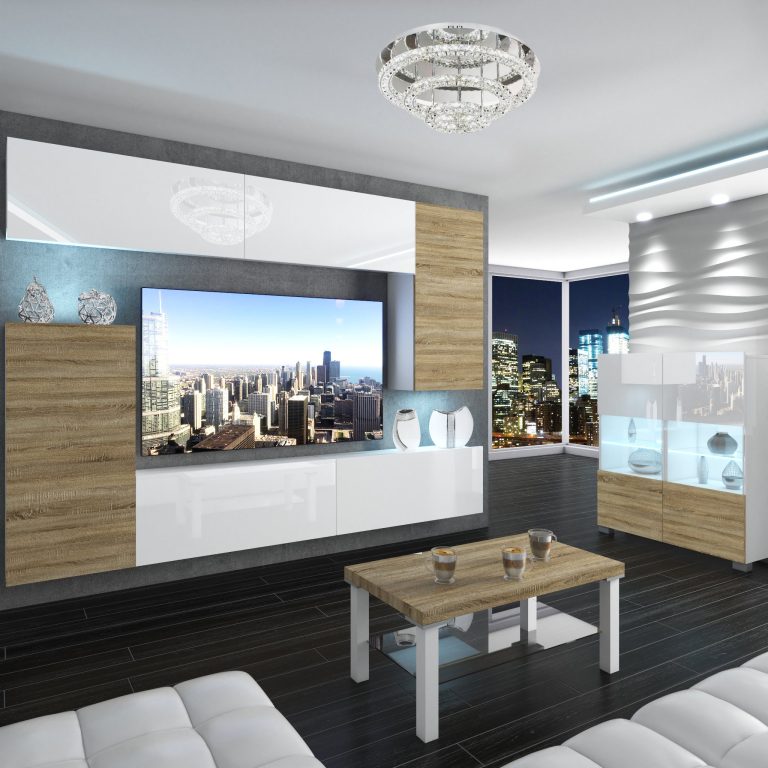 Parete attrezzata Belini Premium Versione completa Bianco lucido-Rovere Sonoma + Illuminazione LED Nexum 121 Produttore NEX 8/0/W/WDSDSW/0/0/PP