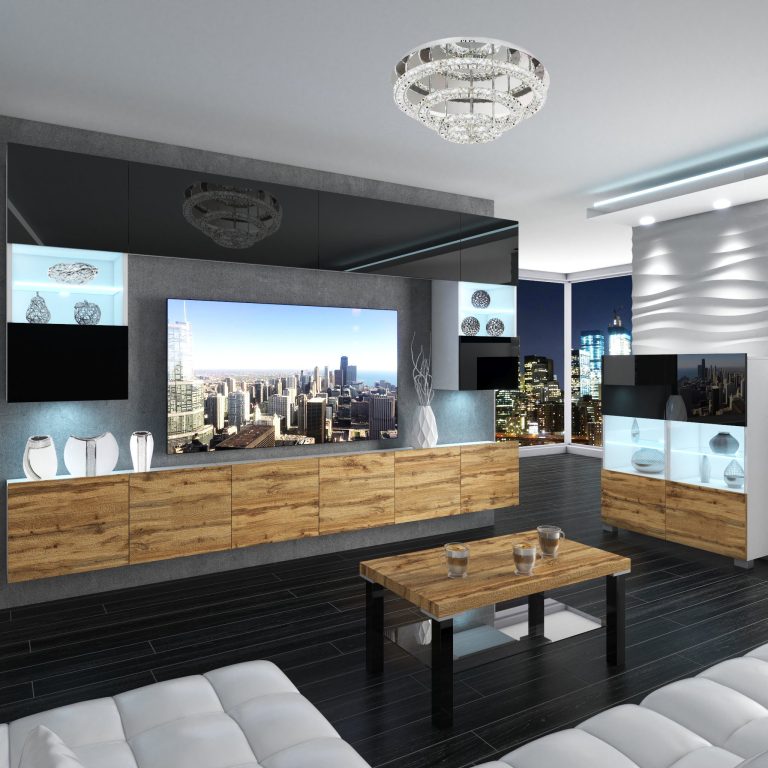 Comò Belini Premium Versione Completa Nero Lucido / Rovere Wotan + Illuminazione a LED Produttore 9 NEX KOM1/1/W/BDW/0/0






