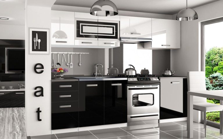 Mobili da cucina 240 cm bianco lucido nero lucido con piano di lavoro Produttore INF MARIKA/4/WT/WB/0/F