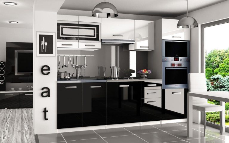 Mobili da cucina 240 cm bianco lucido nero lucido con piano di lavoro Produttore INF PAULA/7/WT/WB/0/F
