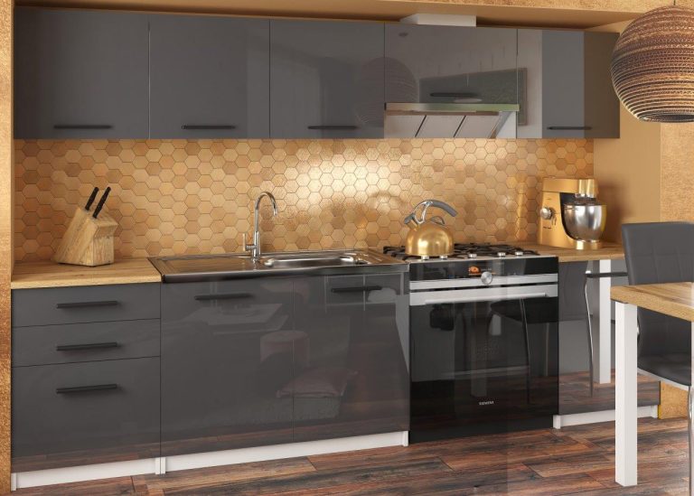 Mobili da cucina 240 cm grigio lucido senza piano di lavoro Produttore INF UNIQA/3/WT/S/BB/B1