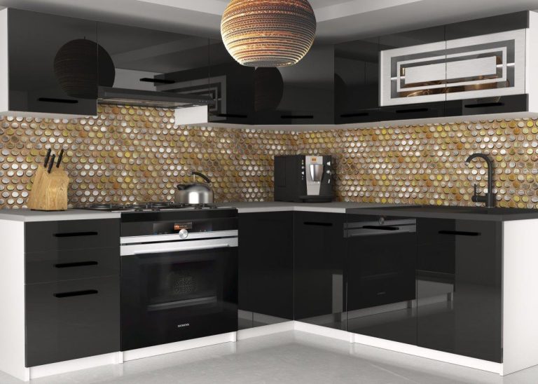 Mobili da cucina 360 cm nero lucido con piano di lavoro Produttore INF LIDIA2/6/WT/B/0/B1