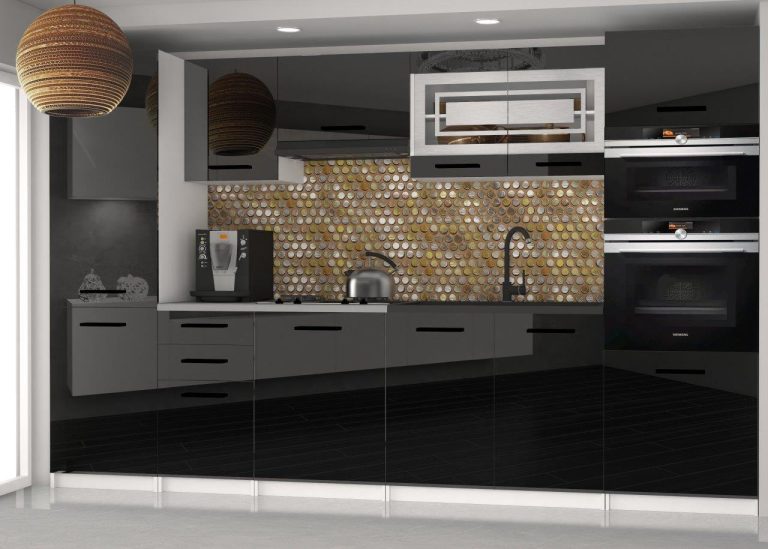 Mobili da cucina 300 cm neri lucidi con piano di lavoro Produttore INF SYNTKA2/5/WT/B/0/B1