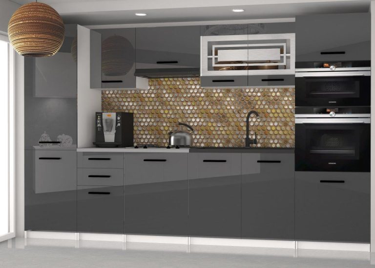 Mobili da cucina 300 cm grigio lucido con piano di lavoro Produttore INF SYNTKA2/6/WT/S/0/B1