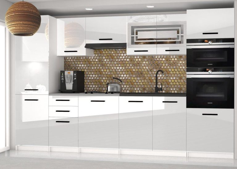 Mobili da cucina 300 cm bianchi lucidi con piano di lavoro Produttore INF SYNTKA2/5/WT/W/0/B1