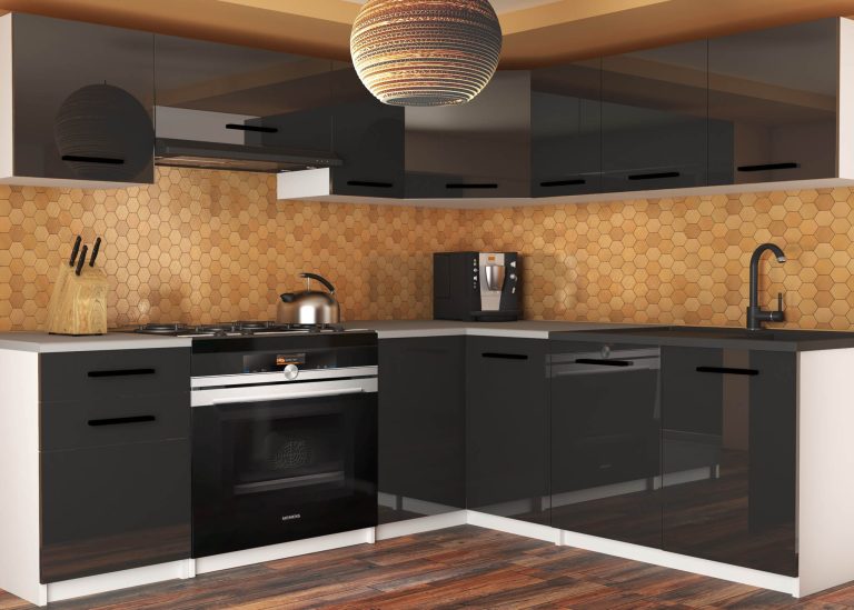 Mobili da cucina 360 cm nero lucido con piano di lavoro Produttore INF LIDIAUNIQA2/4/WT/B/0/B1