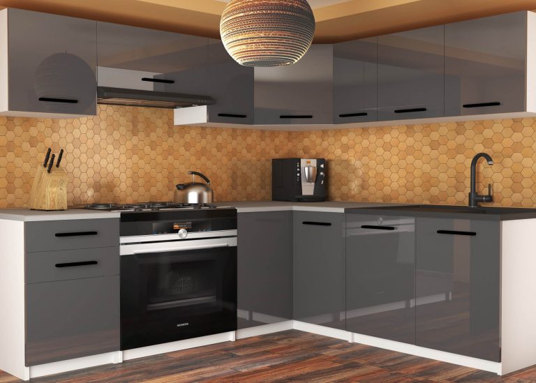 Mobili da cucina 360 cm grigio lucido con piano di lavoro Produttore INF LIDIAUNIQA2/4/WT/S/0/B1