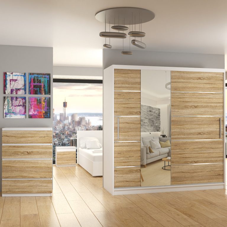 Armadio 200 cm Belini bianco opaco / rovere sonoma con ante scorrevoli a specchio e cassetti Produttore MBP SZP5/1/W/DS/0/KLAL

