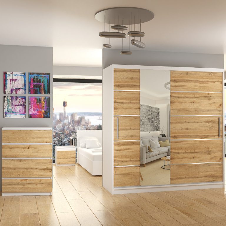 Armadio 200 cm Belini bianco opaco / rovere wotan con ante scorrevoli a specchio e cassetti Produttore MBP SZP5/1/W/DW/0/KLAL