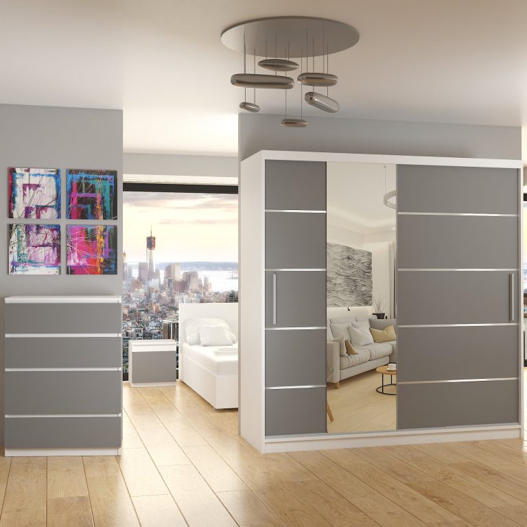 Armadio 200 cm Belini bianco opaco / grigio opaco con ante scorrevoli a specchio e cassetti Produttore MBP SZP5/1/W/SR/0/KLAL


