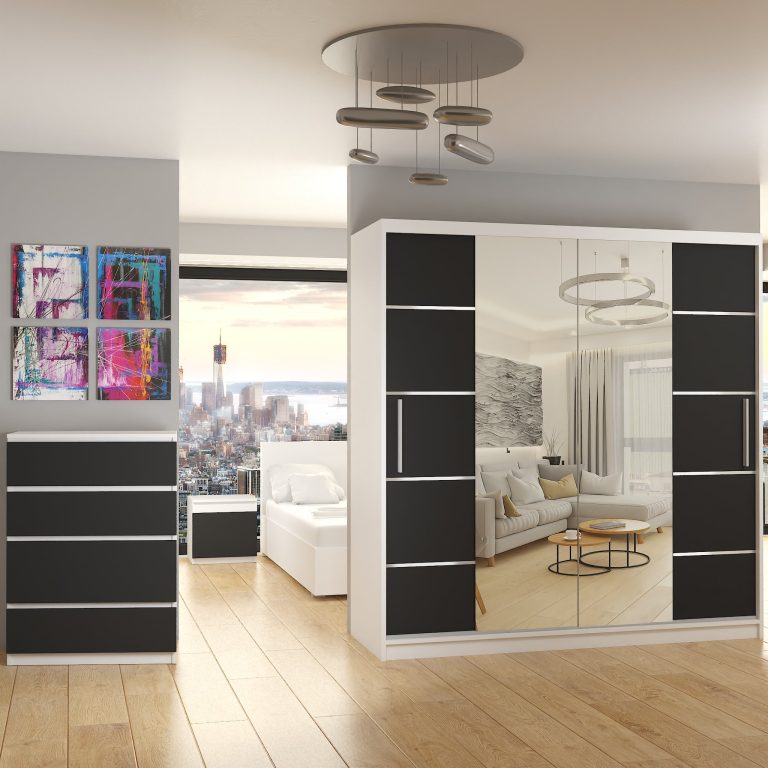 Armadio 200 cm Belini bianco opaco / nero opaco con ante scorrevoli a specchio e cassetti Produttore ME SZP5/1/W/B/0/KLAL