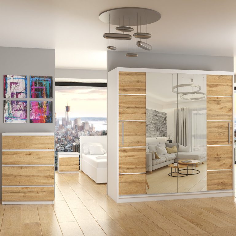 Armadio 200 cm Belini bianco opaco / castagna con ante scorrevoli a specchio e cassetti Produttore ME SZP5/1/W/KN/0/KLAL