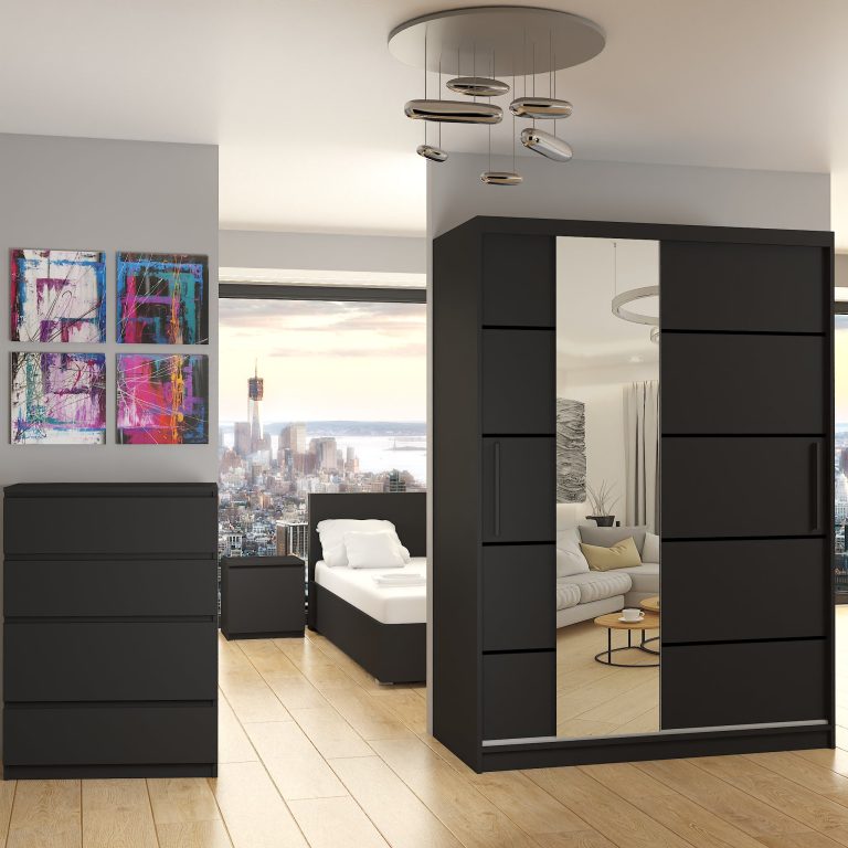 Armadio 133 cm Belini nero opaco con ante scorrevoli a specchio e cassetti Produttore MBP SZP6/1/B/B/0/KLP