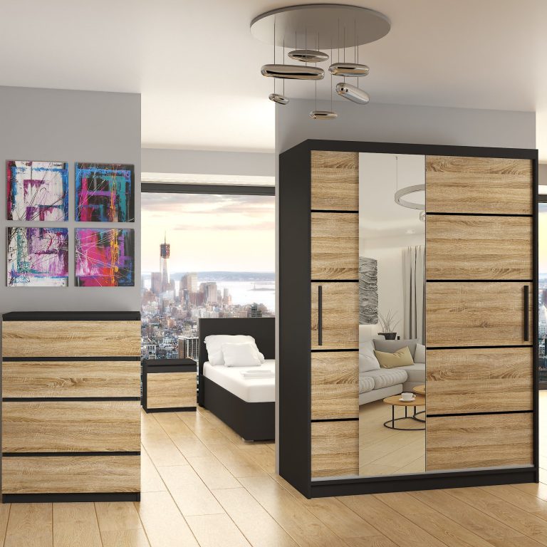 Armadio 133 cm Belini nero opaco / rovere sonoma con ante scorrevoli a specchio e cassetti Produttore MBP SZP6/1/B/DS/0/KLP