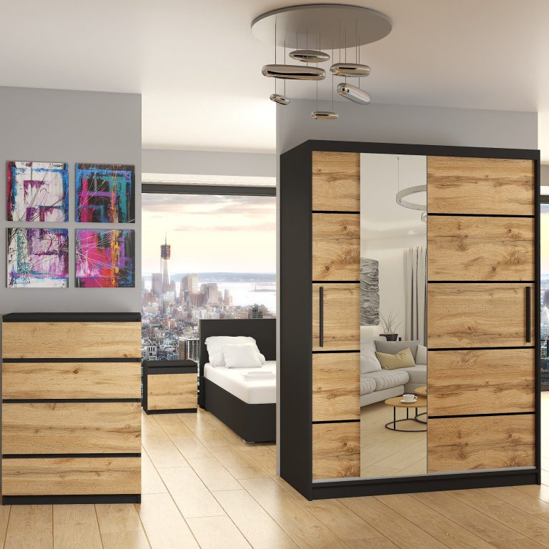Armadio 133 cm Belini nero opaco / rovere wotan con ante scorrevoli a specchio e cassetti Produttore MBP SZP6/1/B/DW/0/KLP