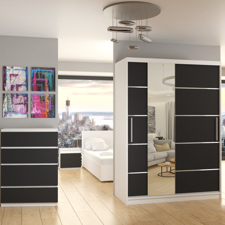 Armadio 133 cm Belini bianco opaco / nero opaco con ante scorrevoli a specchio e cassetti Produttore MBP SZP6/1/W/B/0/KLAL