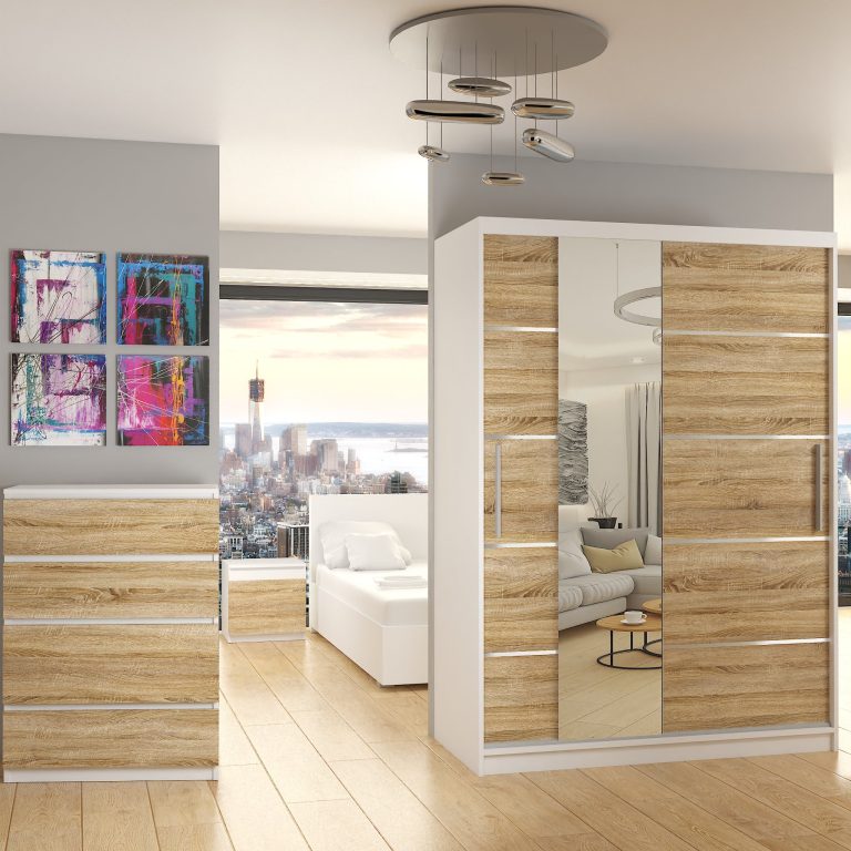 Armadio 133 cm Belini bianco opaco / rovere sonoma con ante scorrevoli a specchio e cassetti Produttore MBP SZP6/1/W/DS/0/KLAL