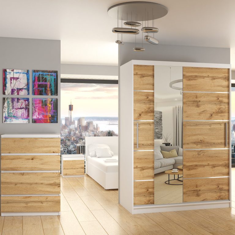 Armadio 133 cm Belini bianco opaco / rovere wotan con ante scorrevoli a specchio e cassetti Produttore MBP SZP6/1/W/DW/0/KLAL