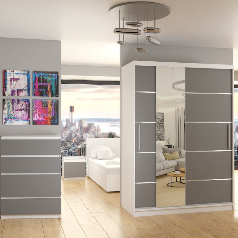Armadio 133 cm Belini bianco opaco / grigio opaco con ante scorrevoli a specchio e cassetti Produttore MBP SZP6/1/W/SR/0/KLAL