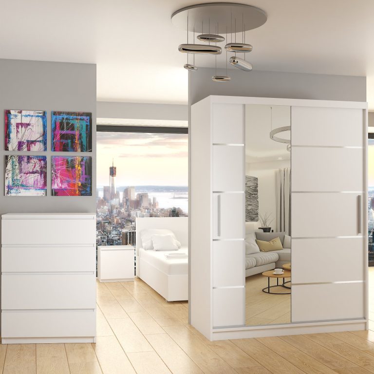 Armadio 133 cm Belini bianco opaco con ante scorrevoli a specchio e cassetti Produttore MBP SZP6/1/W/W/0/KLAL