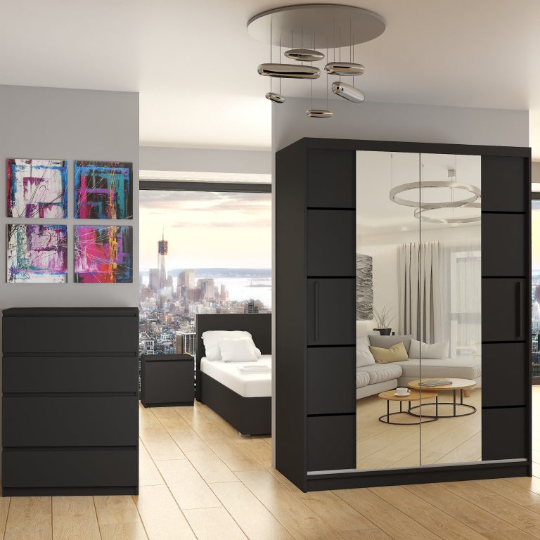 Armadio 133 cm Belini nero opaco con ante scorrevoli a specchio e cassetti Produttore ME SZP6/1/B/B/0/KLP