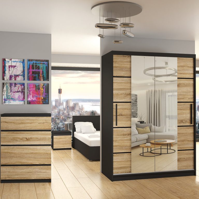 Armadio 133 cm Belini nero opaco / rovere sonoma con ante scorrevoli a specchio e cassetti Produttore ME SZP6/1/B/DS/0/KLP