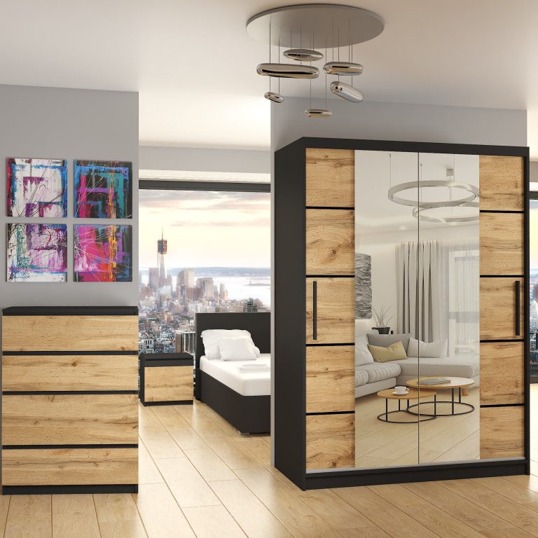 Armadio 133 cm Belini nero opaco / rovere wotan con ante scorrevoli a specchio e cassetti Produttore ME SZP6/1/B/DW/0/KLP