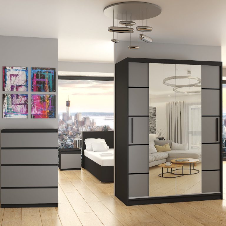 Armadio 133 cm Belini nero opaco / grigio opaco con ante scorrevoli a specchio e cassetti Produttore ME SZP6/1/B/SR/0/KLP