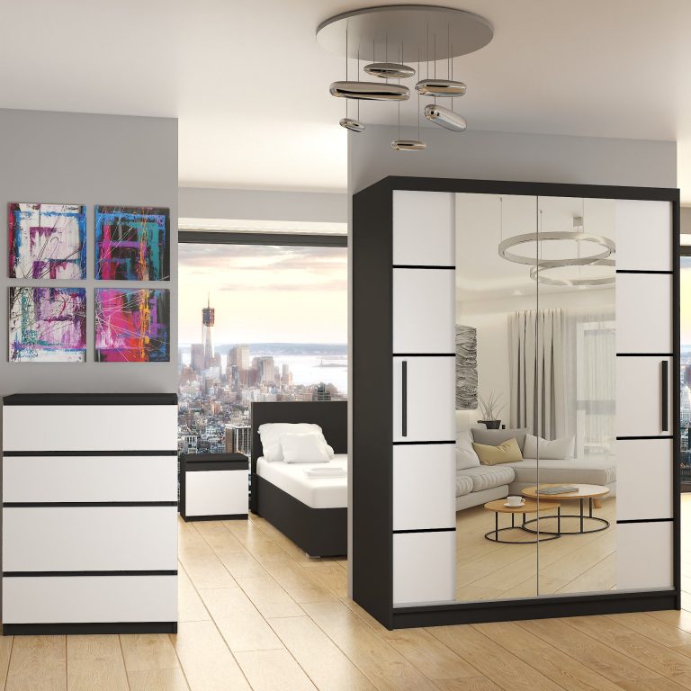 Armadio 133 cm Belini nero opaco / bianco opaco con ante scorrevoli a specchio e cassetti Produttore ME SZP6/1/B/W/0/KLP