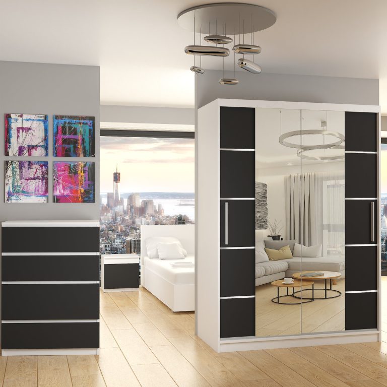 Armadio 133 cm Belini bianco opaco / nero opaco con ante scorrevoli a specchio e cassetti Produttore ME SZP6/1/W/B/0/KLAL