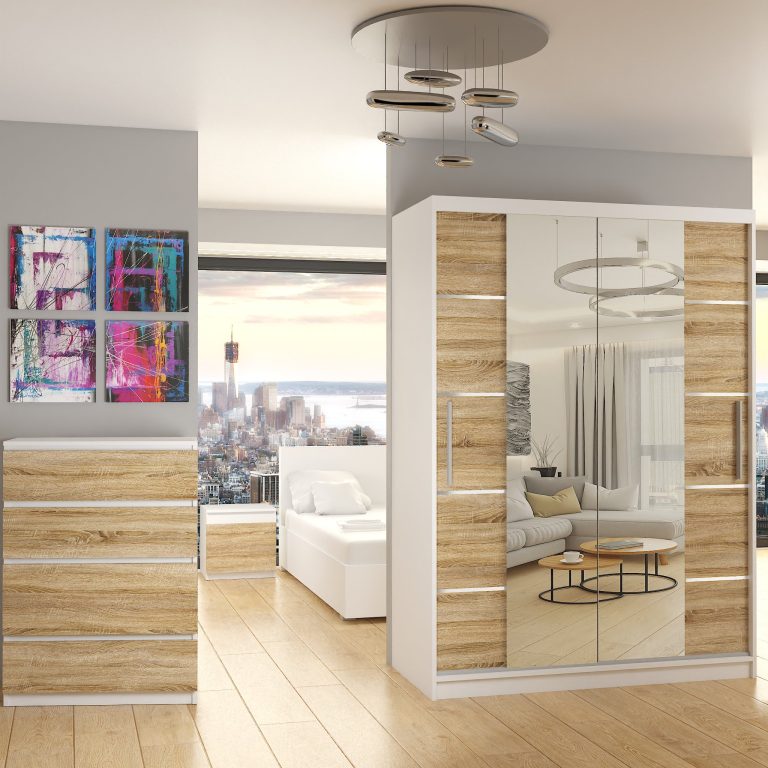 Armadio 133 cm Belini bianco opaco / rovere sonoma con ante scorrevoli a specchio e cassetti Produttore ME SZP6/1/W/DS/0/KLAL