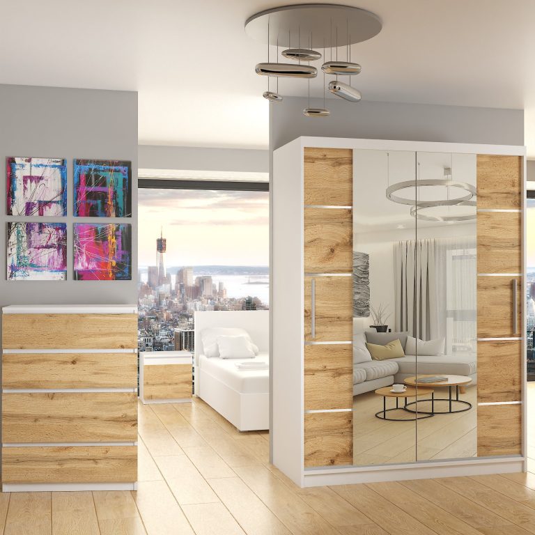 Armadio 133 cm Belini bianco opaco / rovere wotan con ante scorrevoli a specchio e cassetti Produttore ME SZP6/1/W/DW/0/KLAL