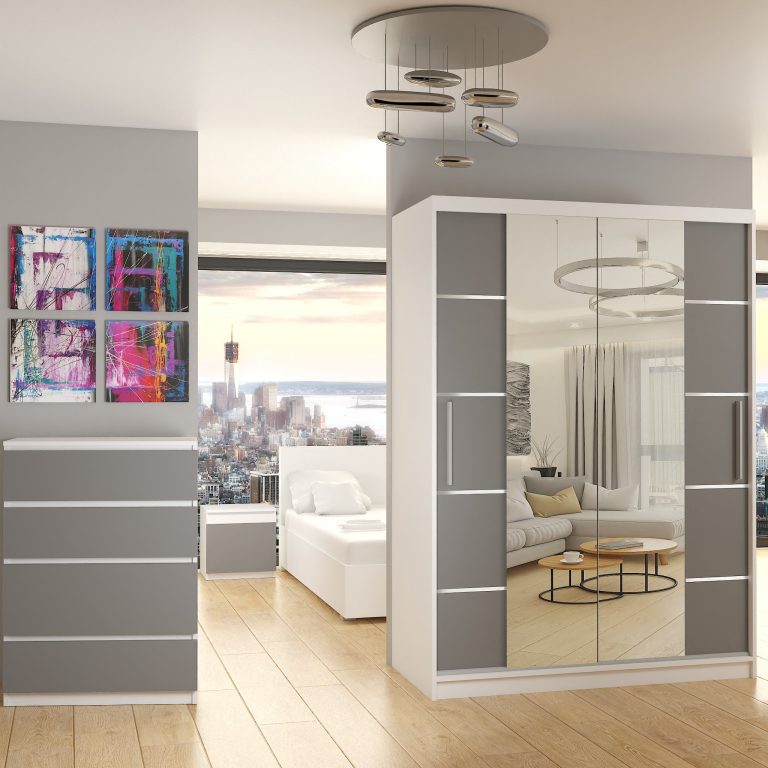 Armadio 133 cm Belini bianco opaco / grigio opaco con ante scorrevoli a specchio e cassetti Produttore ME SZP6/1/W/SR/0/KLAL