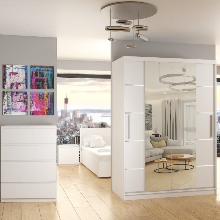 Armadio 133 cm Belini bianco opaco con ante scorrevoli a specchio e cassetti Produttore ME SZP6/1/W/W/0/KLAL
