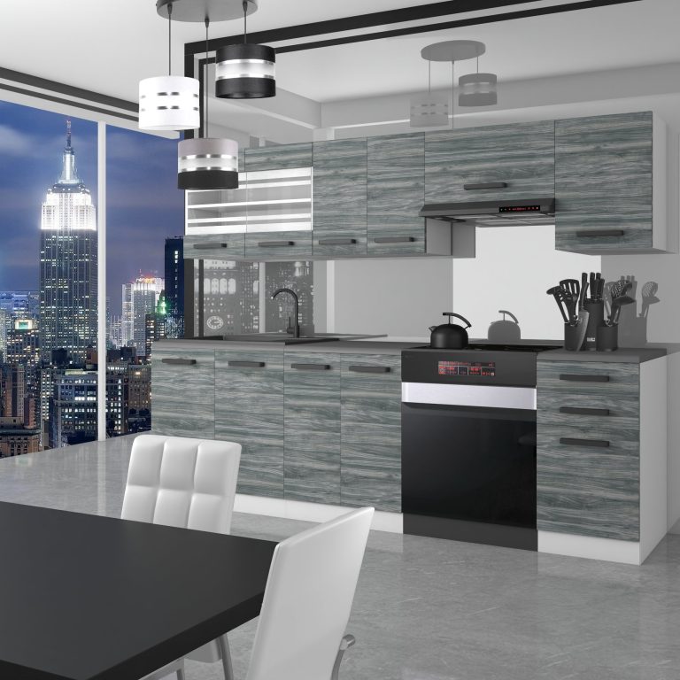 Belini Cucina Premium 240 cm Grigio Antracite Glamour Wood con piano di lavoro LILY Produttore TOR LILY/0/WT/GW/B/B1