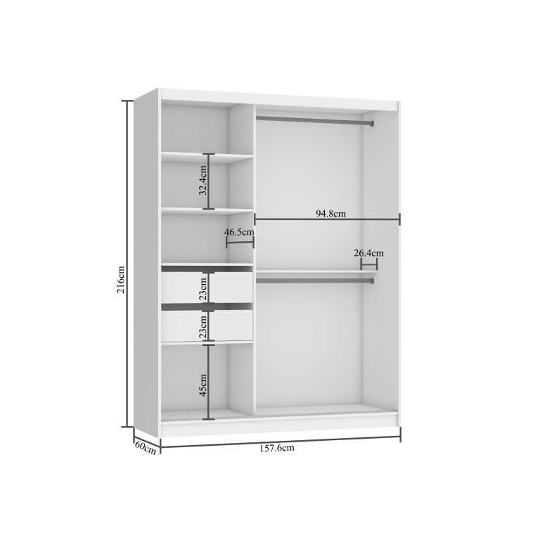 Armadio 158 cm Belini bianco opaco / rovere wotan con ante scorrevoli a specchio e cassetti Produttore ME SZP7/0/W/DW/0/KLAL